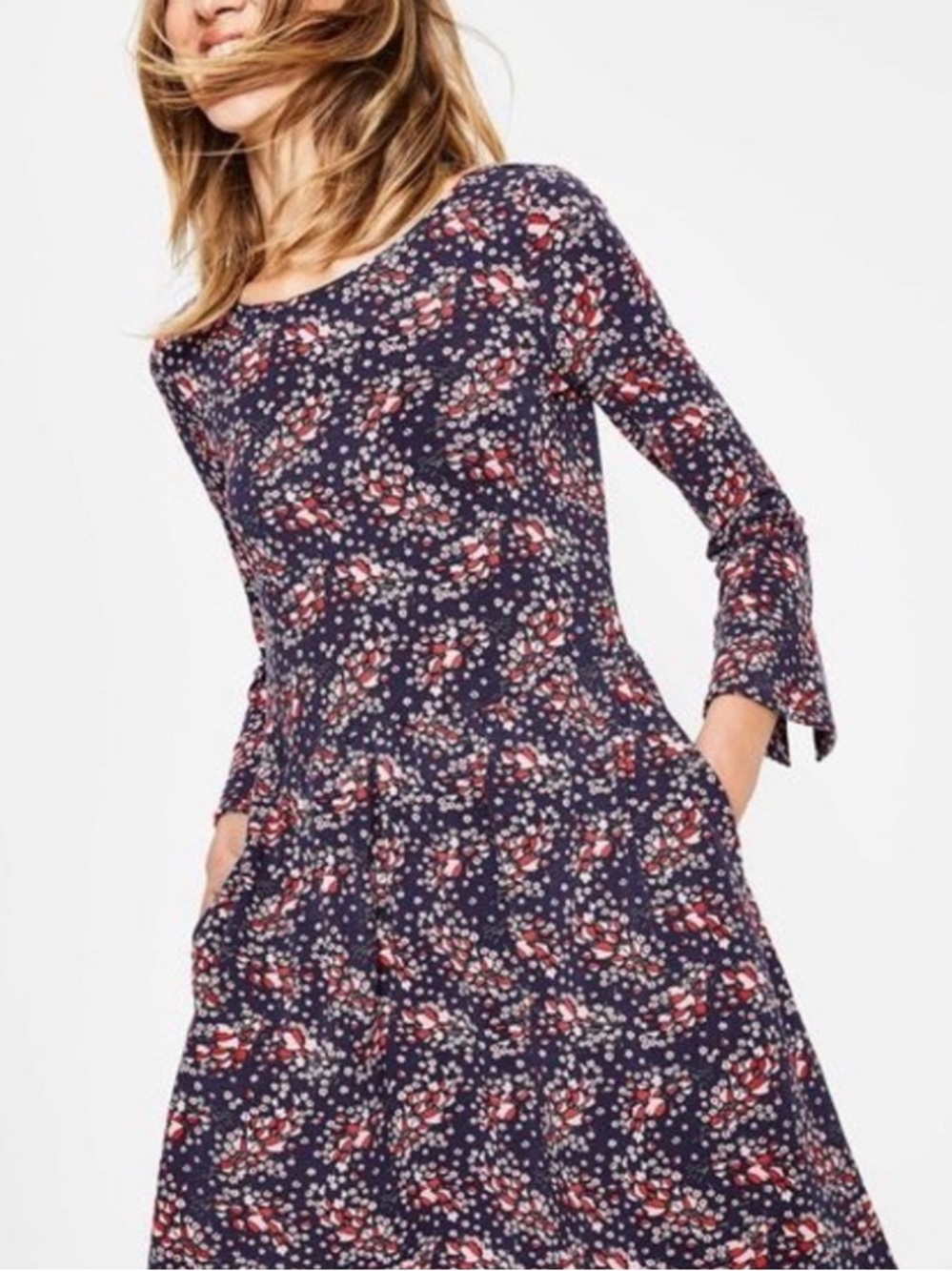 Boden Navy Floral Long Sleeve Tiered Dress with Pink Accents